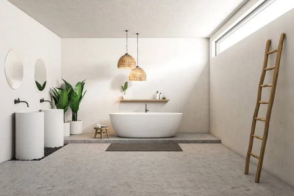 Interior Banheiro Branco Com Piso Concreto Banheira Branca Duas Pias — Fotografia de Stock