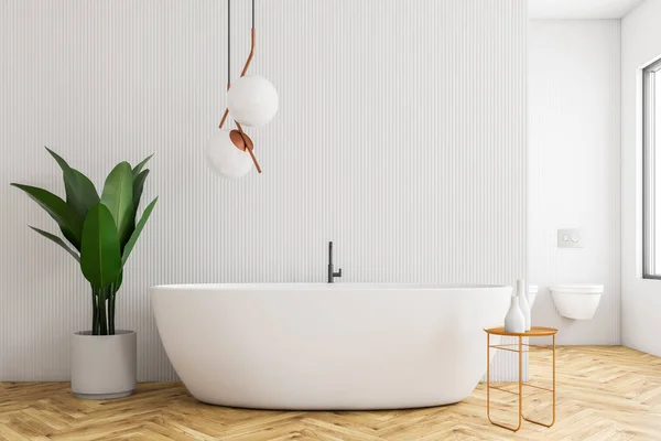 Interior of modern bathroom with white walls, wooden floor, white bathtub standing next to chair with shampoo and potted plant. 3d rendering