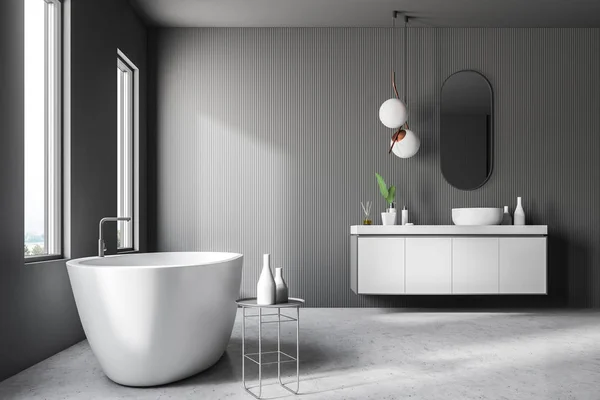 Interior Modern Bathroom Gray Walls Concrete Floor White Bathtub Standing — Stock Photo, Image