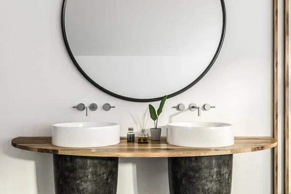 Close Black Double Sink Standing Wooden Shelf Bathroom Interior White — Stock Photo, Image