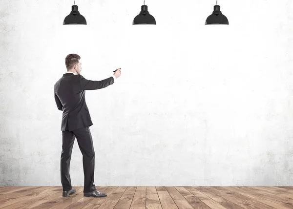 Portrait Young Bearded Businessman Wearing Dark Suit Writing Marker Standing — Stock Photo, Image