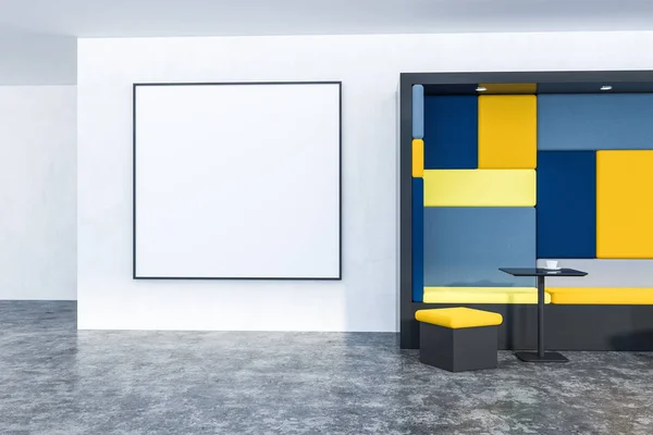 Tisch Einem Modernen Café Mit Weißen Wänden Betonboden Gelb Blauem — Stockfoto