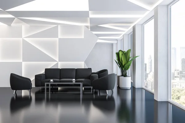Moderna Sala Espera Oficina Con Paredes Geométricas Blancas Suelo Negro — Foto de Stock