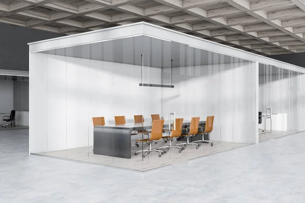 Corner of office meeting room with white and glass walls, concrete floor, long gray table with brown chairs as seen from office lobby. 3d rendering