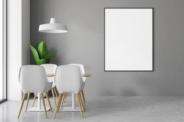 灰色の壁 コンクリートの床 木製のテーブルの近くに立って白い椅子ロフト カフェのインテリア 壁に垂直のポスター レンダリングをモックアップします — ストック写真