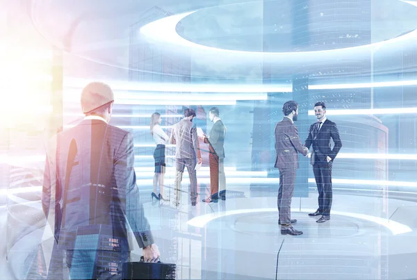 Businessmen Businesswoman Talking Futuristic Office Environment Lamps Wall Double Exposure — Stock Photo, Image