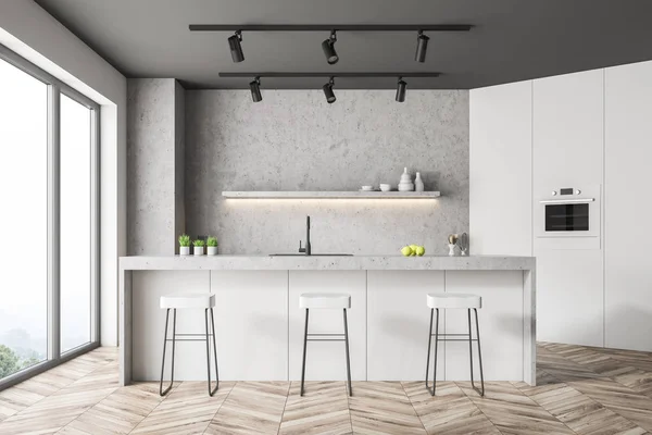 Close Panoramic Kitchen Concrete Walls Wooden Floor White Concrete Counters — Stock Photo, Image