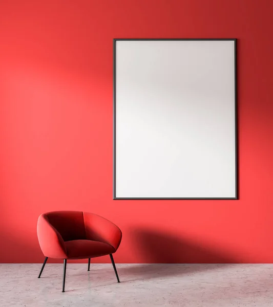 赤の壁 コンクリートの床と垂直ポスター近く赤い肘掛け椅子に立ってミニマルなリビング ルームのインテリア レンダリングをモックアップします — ストック写真