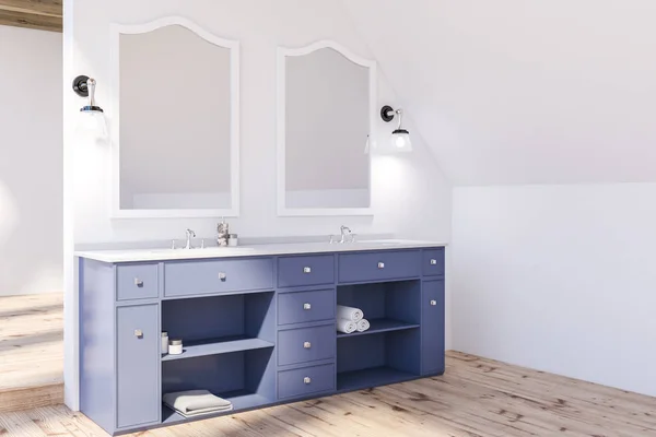 Attic Bathroom Corner White Walls Wooden Floor White Double Sink — Stock Photo, Image