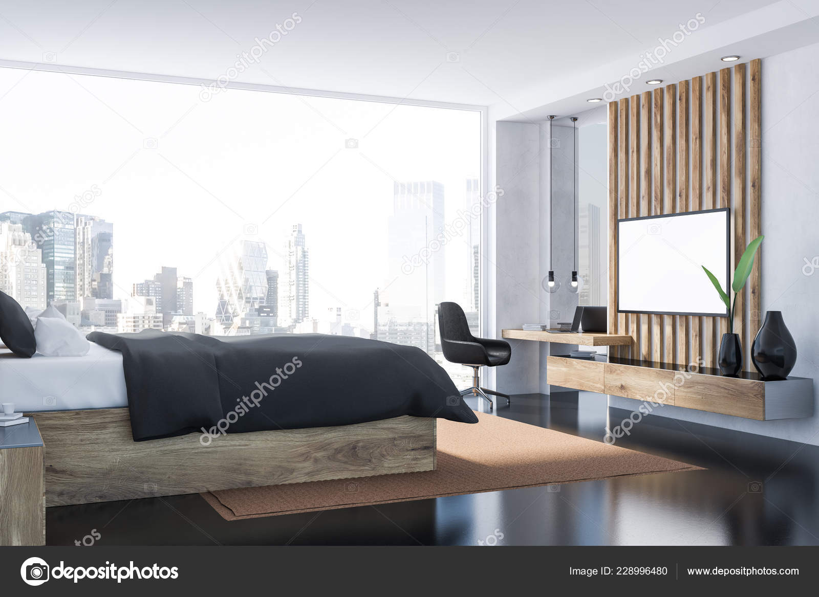 Interior Master Bedroom White Walls Black Floor Panoramic