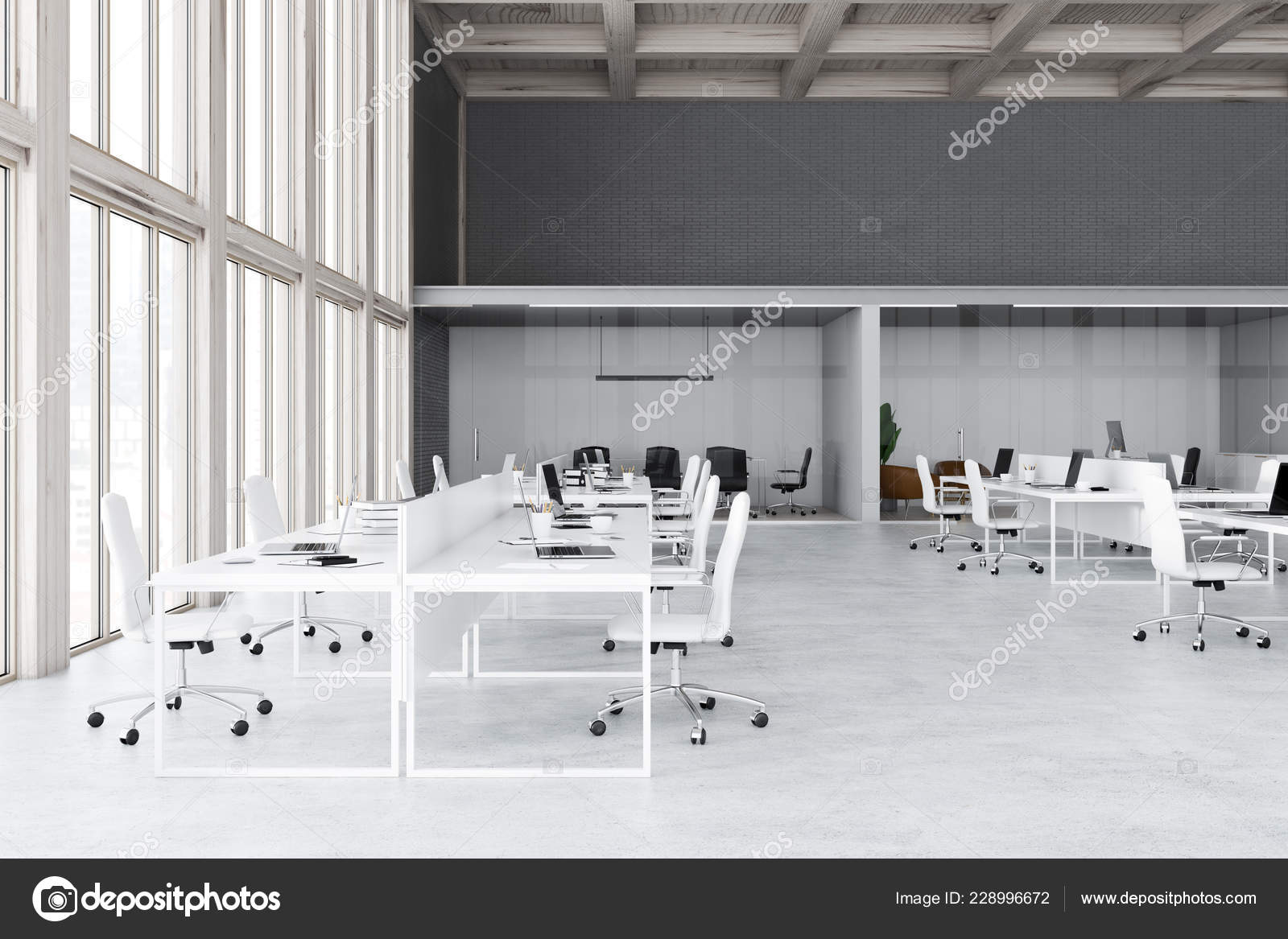 Loft Open Space Office Interior White Gray Brick Walls Concrete Stock