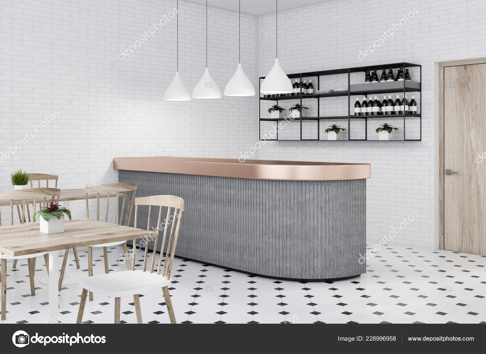 Corner Bar White Brick Walls Tiled Floor Gray Bar Shelves Stock Photo