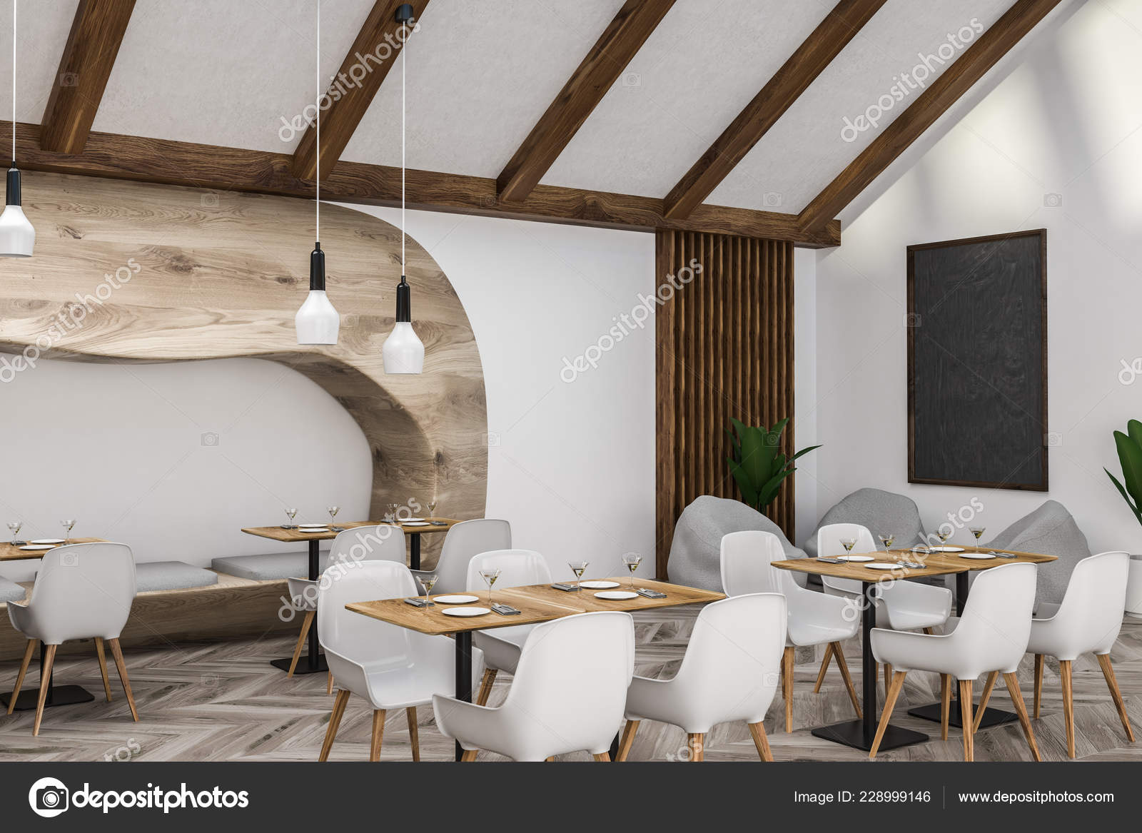 Interior Stylish Restaurant White Walls Wooden Floor Square Wooden