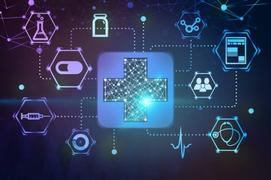 Sürükleyici tıbbi arabirimi mavi ilk yardım işareti ve tıbbi simgenin üzerinde koyu mavi ve mor arka plan yaptı. 3D render resim çift pozlama tonda