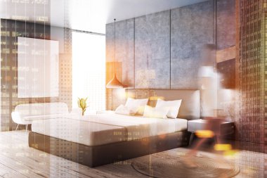 Kadının yatak odası iç beton ve gri duvarlar, ahşap zemin ile beyaz ile gri ana yatak kapakları, Komidin ve beyaz kanepe. Dikey poster. Tonlu görüntü çift pozlama görüntü kadar sahte