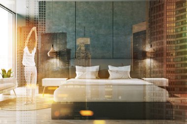 Beton duvarlar, ahşap zemin, beyaz kapakları ve iki beyaz başucu tablo gri ana yatak yatak odası iç kadında. Çift tonlu görüntü pozlaması