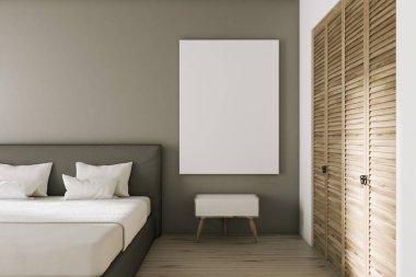 Gri ve beyaz duvarlar, ahşap zemin, beyaz kapakları, beyaz başucundaki ve ahşap dolap gri yatak yatak odası iç. Dikey poster. 3D render alay