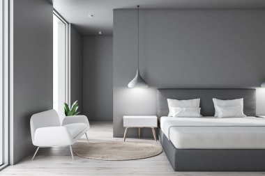 Gri duvarlar, ahşap zemin, gri ana yatak beyaz kapakları, beyaz başucu masa ve beyaz kanepe yatak odası iç. 3D render