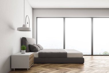 Beyaz duvarları, ahşap zemin, çatı penceresi, bu ve ahşap masanın asılı saati ile çift kişilik yatak ile yatak odası iç yan görünüm. 3D render