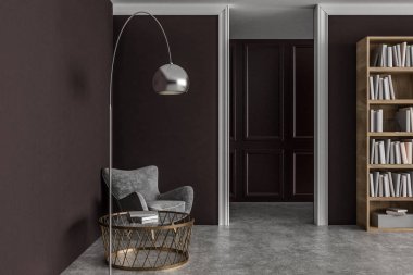 Modern oturma odası iç kahverengi duvarlar, beton zemin ve yuvarlak sehpa ile orijinal zemin lamba yakın gri koltuk ayakta. Kitaplık köşede. 3D render
