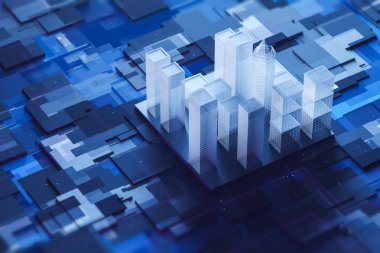 Şehir modeli koyu mavi anakart üzerinde duran. Kavramı Merhaba teknoloji mimarisi ve dijital şehir yaşam tarzı. 3D render