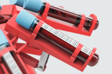 Şişeleri ile kan testinde kan testi makine için hazır, gri arka plan üzerinde yakın çekim. Tıp ve bilim kavramı. 3D render