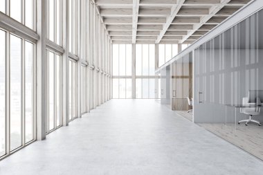 Uzun boylu windows, beton zemin, cam kapı oda ahşap zemin ve bilgisayar tabloları ile onları satır ile modern ofis lobisinde. 3D render