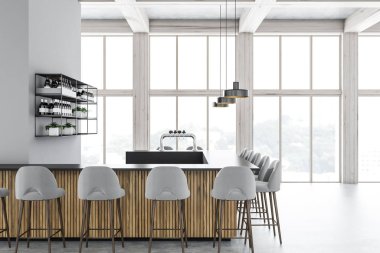 Çatı bar Gri duvarlar, beton zemin, gri dışkı ile ahşap ve siyah bar ve raflar şarapları ile iç. 3D render