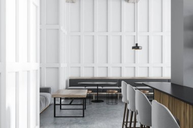 İç in bar-beyaz duvarlar, beton zemin, gri dışkı ve gri divanlar siyah yakın olan ahşap çubuk ve ahşap tablolar. 3D render