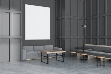 Gri duvarlar, beton zemin, uzun gri kanepe yuvarlak siyah masa ve ahşap sandalyeleri ahşap masa yakınındaki gri kanepe ayakta modern kafe köşesinde. Dikey poster. 3D render alay