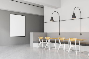 Gri ve beyaz duvarlar, beton zemin, beyaz ve ahşap sandalye ve ahşap masa ve özgün duvar lambaları yakın gri kanepeler ile modern kafe köşesinde. Dikey poster duvara. 3D render alay