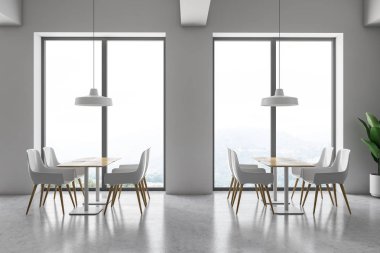 Çatı kafe iç beyaz duvarlar, beton zemin, beyaz sandalyeleri ahşap masa ayakta. 3D render