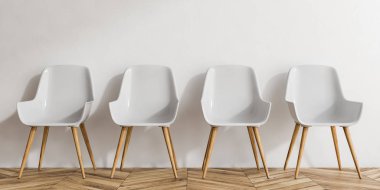 Satır beyaz sandalyeleri yakınındaki beyaz duvar ahşap zemin üzerinde duran ahşap ayaklı. Bekleyen kavramı. 3D render