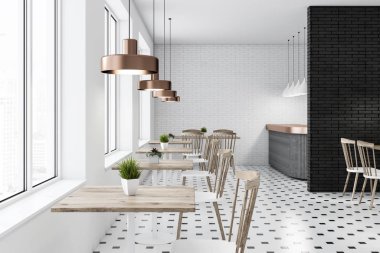 Beyaz ve siyah tuğla Restoran İç kiremitli kat, gri bar ve beyaz ve ahşap sandalye ile ahşap masa. 3D render