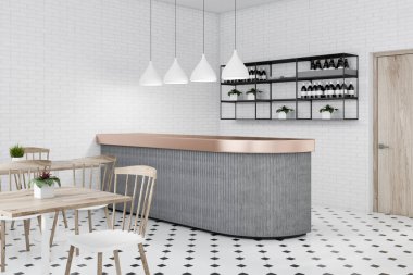 Köşe bar ile beyaz tuğla duvarlar, zemin, gri bar, raflar şarapları ve beyaz ve ahşap sandalye ile ahşap masa döşenir. 3D render