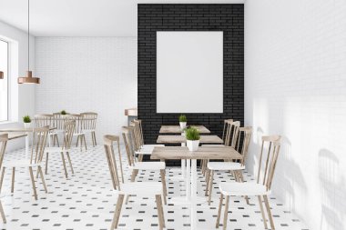 Beyaz ve siyah tuğla duvarlar, kiremitli kat ve onlara yakın beyaz ve ahşap sandalye ile kare ahşap masa ile modern café iç. Dikey poster. 3D render alay
