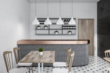 İç in bar-beyaz tuğla duvarlar, kiremitli kat, gri bar, raflar şarapları ve beyaz ahşap masa ve ahşap sandalye. 3D render