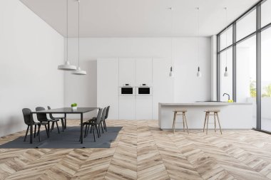 İç modern mutfak beyaz duvarlar, ahşap zemin, dışkı ile beyaz bar, fırınlar ile dolap ve sandalye ile gri tablosudur. 3D render