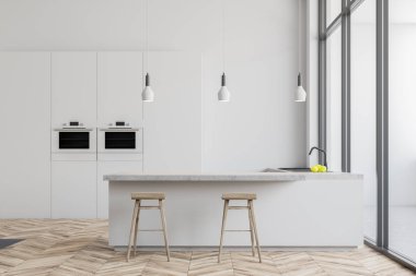 Minimalist beyaz mutfak iç beyaz duvarlar, ahşap zemin, çatı windows ile beyaz dolap fırınlar ve beyaz bar tabureleri lavabo tezgahı yanındaki ile inşa. 3D render