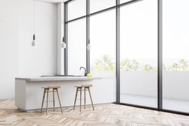 Beyaz duvarları, ahşap zemin, çatı windows ve dışkı ile lavabo tezgahı yanındaki ile beyaz çubuğu ile minimalist beyaz mutfak iç. Arka balkonda. 3D render