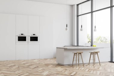 Minimalist beyaz mutfak köşe beyaz duvarlı, ahşap zemin, çatı yerleşik fırınlar ile windows, beyaz dolap ve dışkı ile lavabo tezgahı yanında olan beyaz çubuk. 3D render