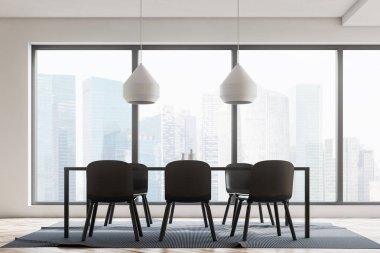 Modern yemek odası iç beyaz duvarlar, ahşap zemin, panoramik penceresi ve sandalye ile gri tablosudur. 3D render