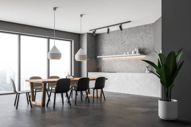 Beton duvarlar, kiremitli kat, gri dolabı ile modern mutfak köşe fırın ve beton tezgahı inşa. Ahşap masa sandalye ile. 3D render