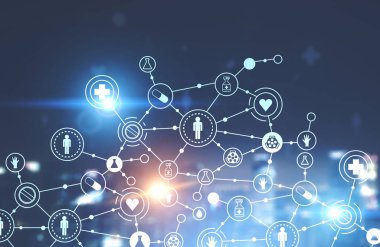 Sürükleyici tıbbi simgeleri ağ arabirim bulanık gece cityscape arka plan üzerinde. Sağlık kavramı. 3D render resim çift pozlama tonda