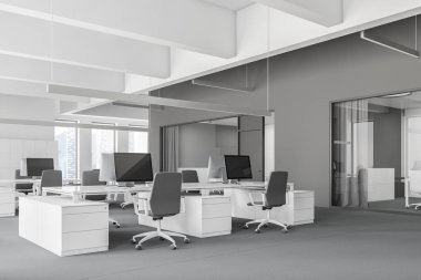 Gri ve beyaz duvarlar, zemin, halı ile modern ofis içi gri sandalye ile beyaz bilgisayar tabloları satırları onlara yakın. 3D render