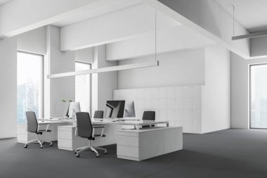 Açık alan office ile beyaz duvarlar, gri zemin, büyük beyaz bilgisayar masa ve dolap duvarın yanında köşesinde. 3D render