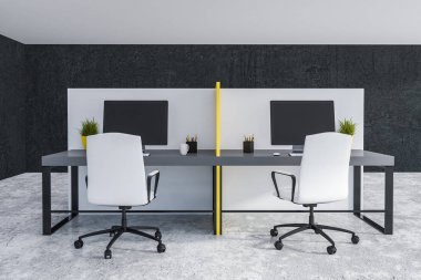Beyaz ve sarı ofis kabinleri ile gri bilgisayar sandalyeler ve beyaz sandalye siyah duvarlar ve beton zemin oda ayakta açık bakış. 3D render