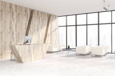 Ofis bekleme odası ahşap duvarlar, beton zemin, bir bilgisayar ile ahşap resepsiyon masası ile bir köşesinde ve ziyaretçiler için beyaz koltuklar. 3D render