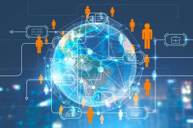 İş planı arayüzü ile kırmızı insanlar ağ kroki dünya etrafında. Küresel iş kavramı. 3D render resim çift pozlama Nasa tarafından döşenmiş bu görüntü unsurları tonda