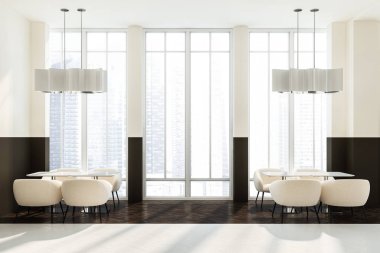 İç duvarlar beyaz ve kahverengi, koyu ahşap zemin, çatı windows ve beyaz koltuklar ile ahşap masa ile modern Cafe. 3D render